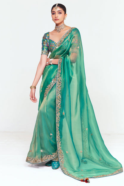 Sea Green Tissue Organza Silk Partywear Saree
