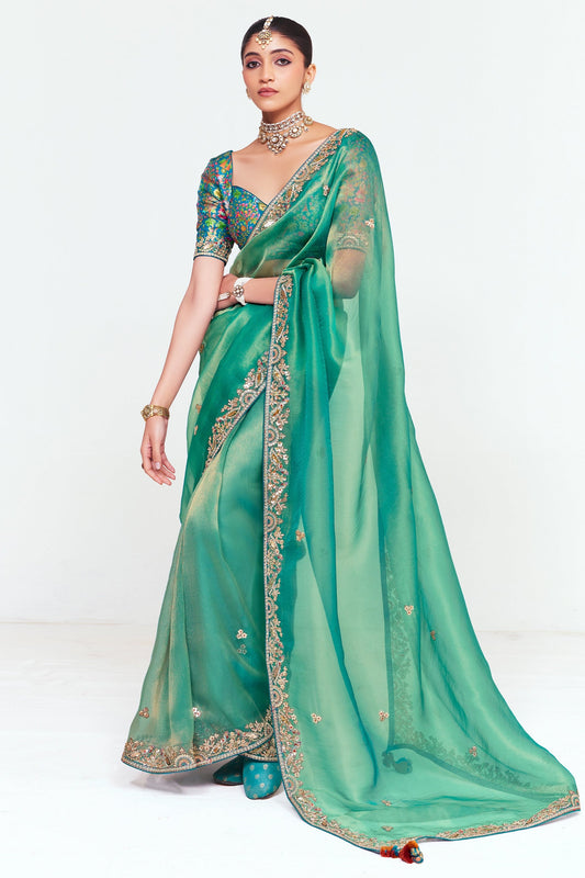 Sea Green Tissue Organza Silk Partywear Saree