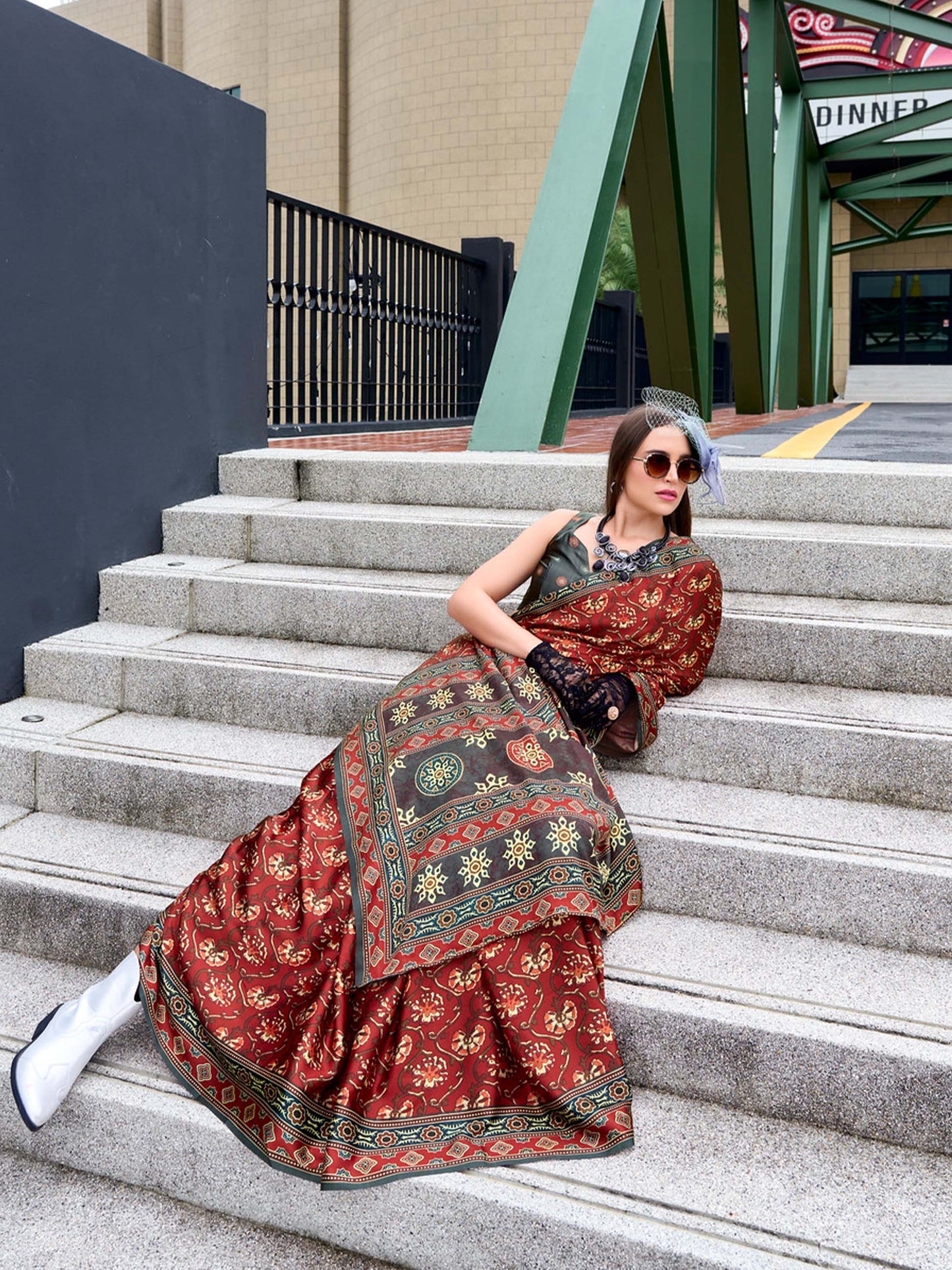 Ochre Red Satin Crepe Digital Printed Saree