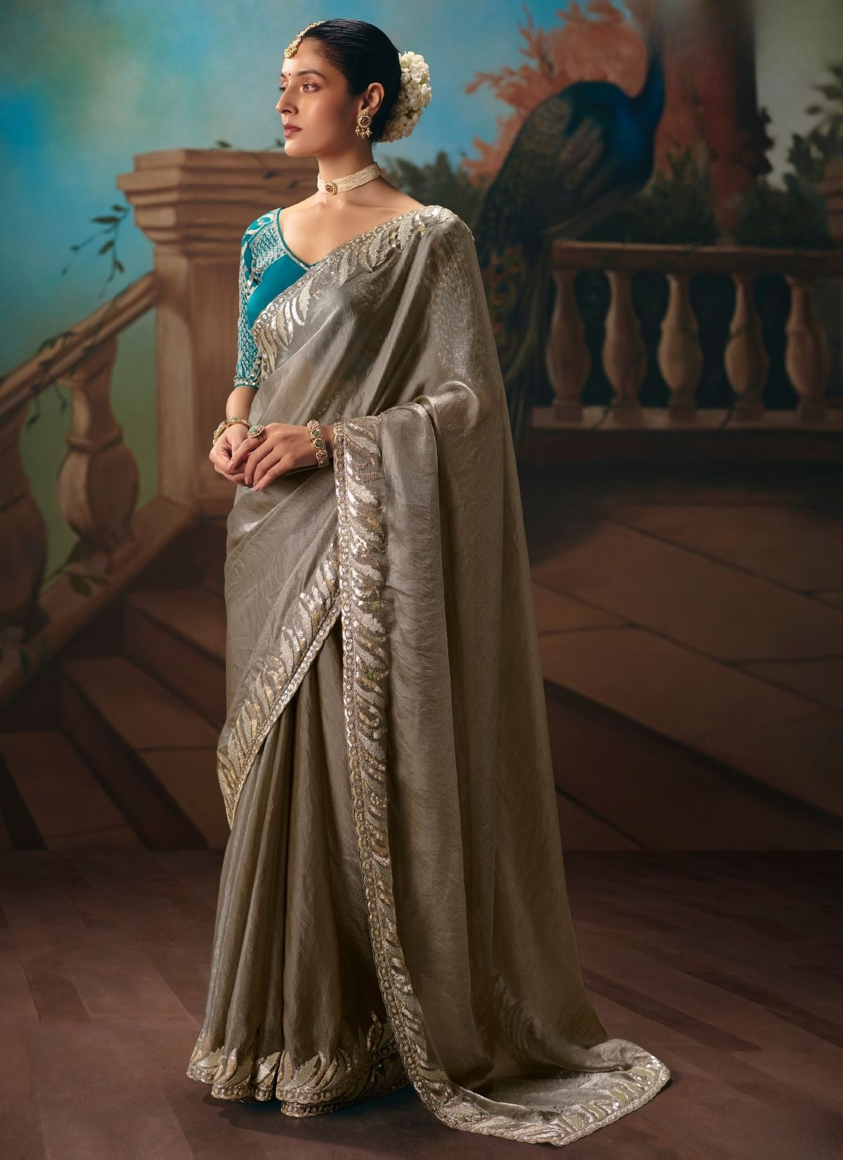 Stone Grey Art Silk Sequin Work Saree