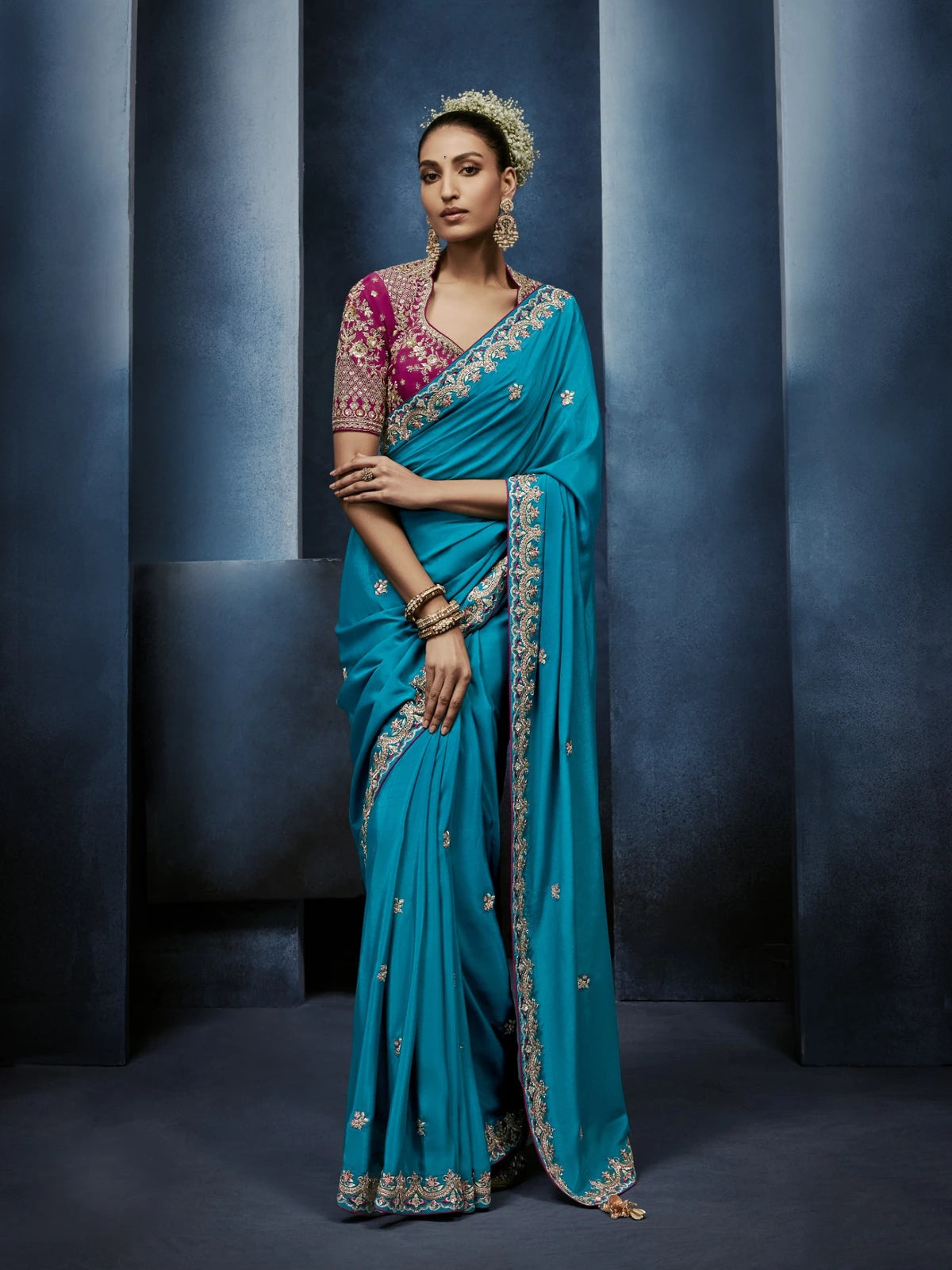Aqua Blue Soft Silk Saree with Designer Readymade Blouse