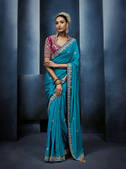 Aqua Blue Soft Silk Saree with Designer Readymade Blouse