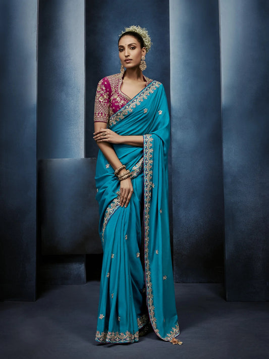 Aqua Blue Soft Silk Saree with Designer Readymade Blouse