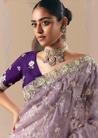 Lavender Tissue Saree With Resham Sequins Work