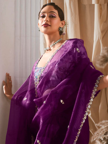 Purple Soft Organza Tissue Silk Saree