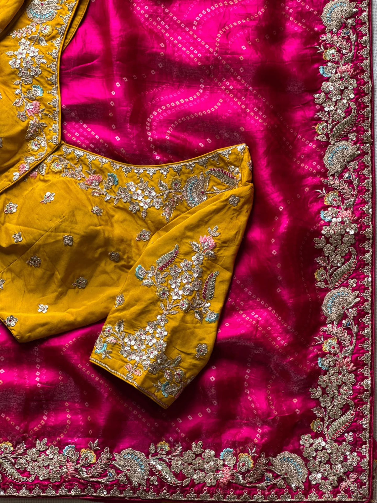 Pink Bandhej Saree with heavy work designer blouse piece