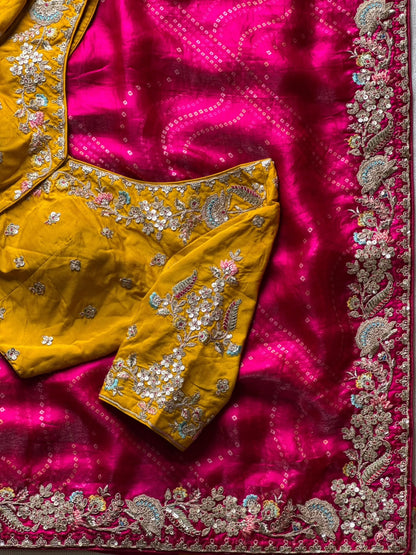 Pink Bandhej Saree with heavy work designer blouse piece