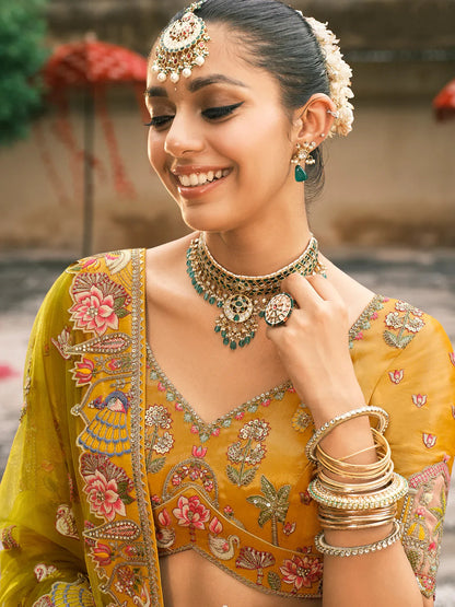Golden Beige Silk Embroidered Designer Lehenga