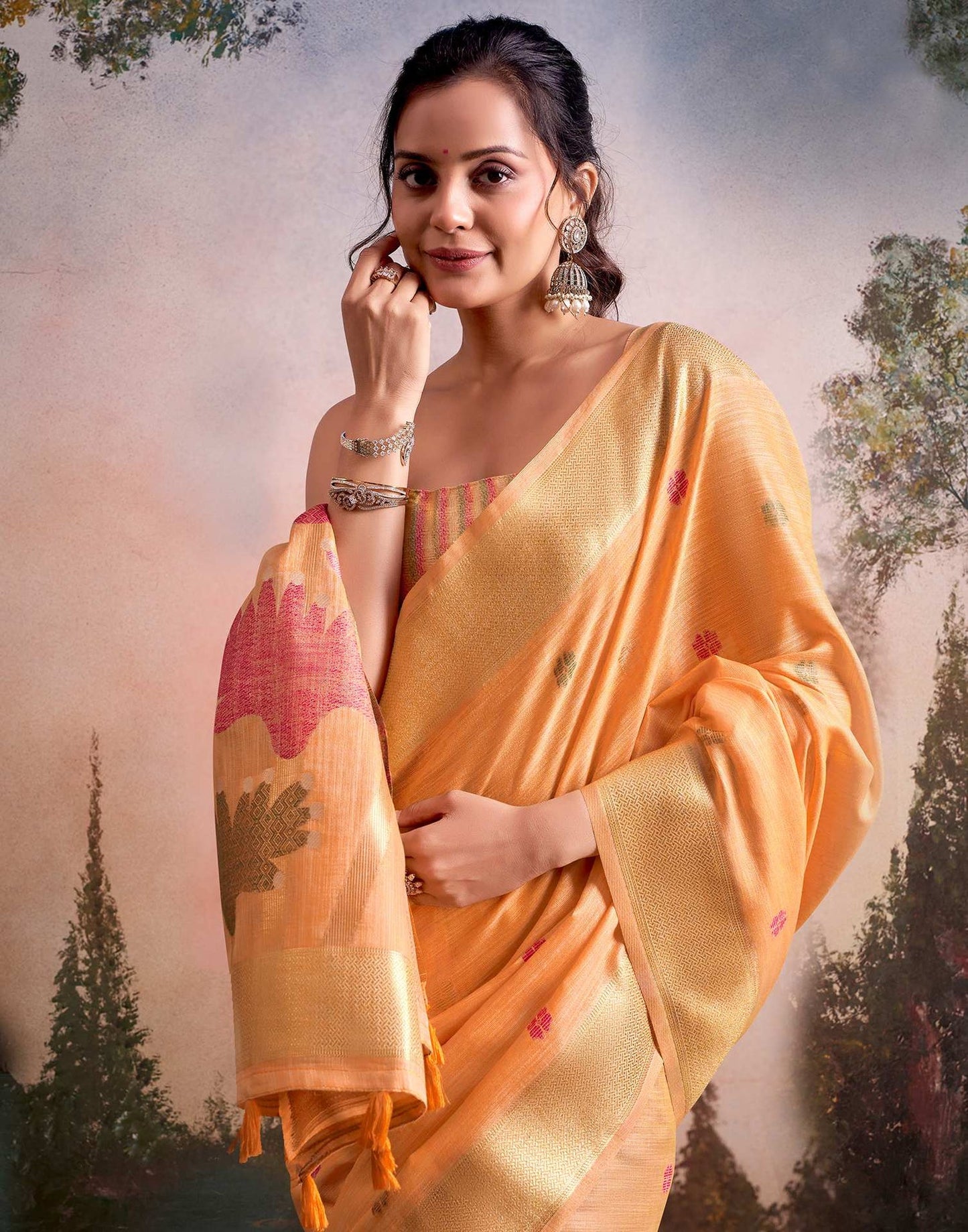 Pure Linen Silk Orange Saree with Weaving Work