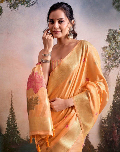 Pure Linen Silk Orange Saree with Weaving Work