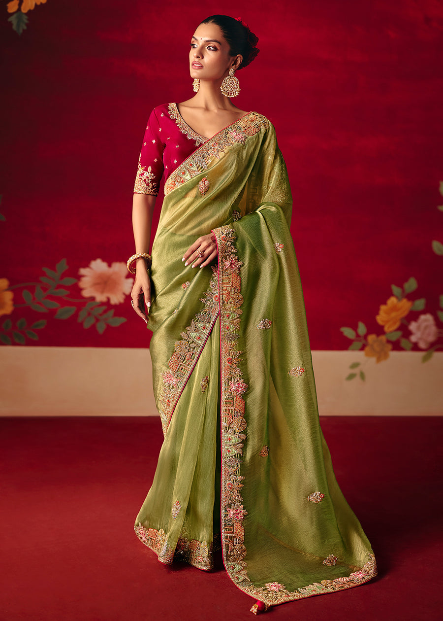 Olive Green Partywear Organza Tissue Silk Saree