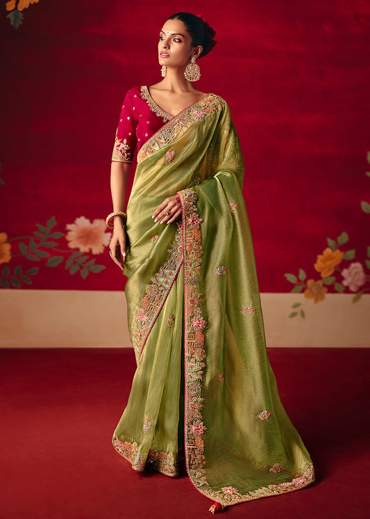 Olive Green Partywear Organza Tissue Silk Saree