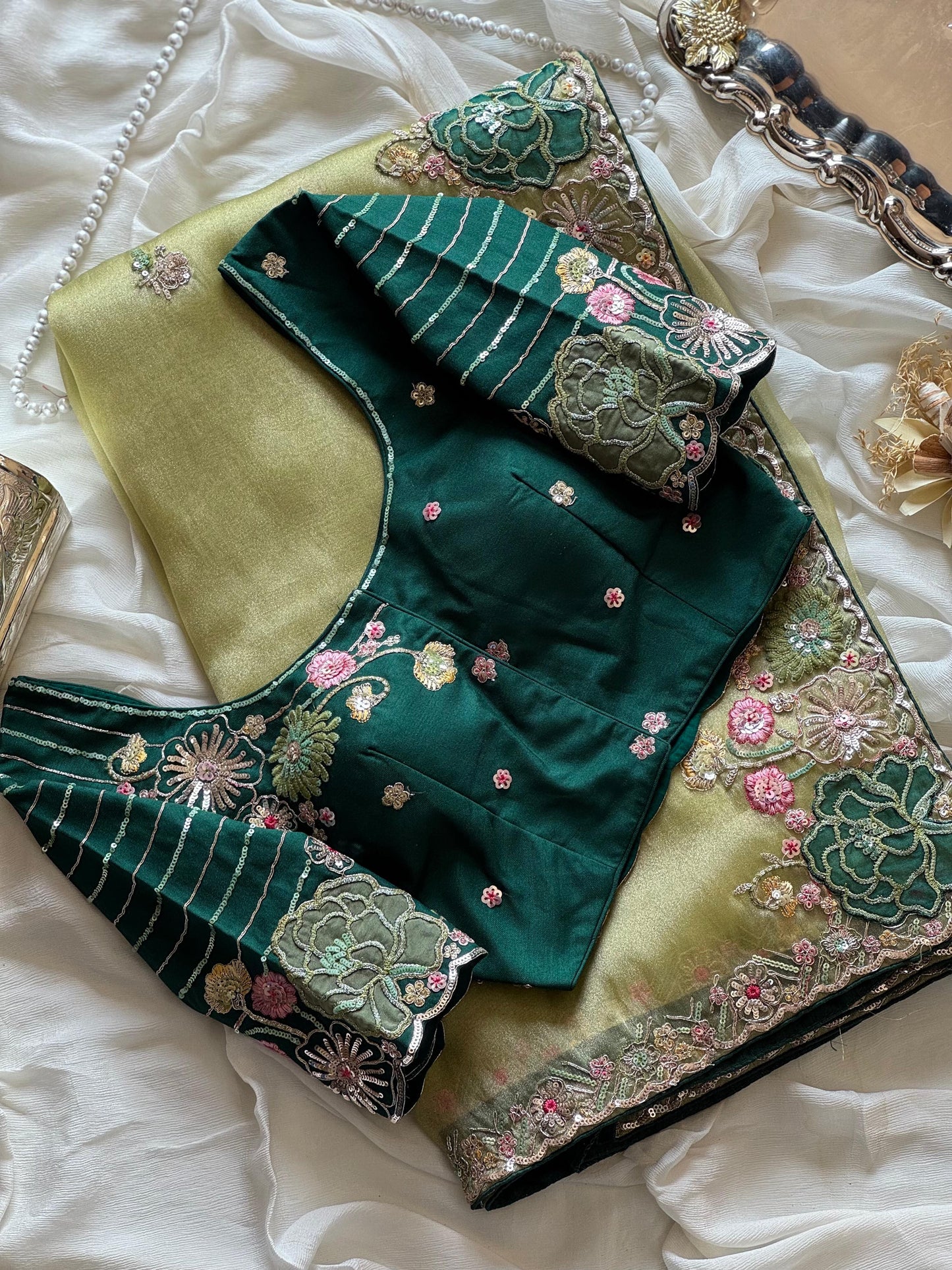 Pista Organza Tissue Silk Saree With Designer Blouse
