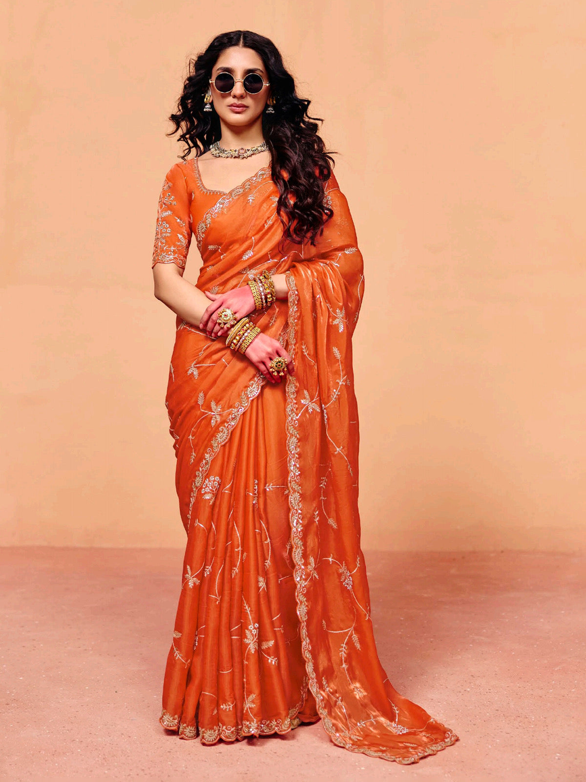 Orange Soft Tissue Silk Designer Saree