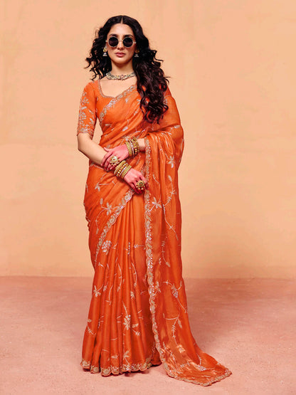 Orange Soft Tissue Silk Designer Saree