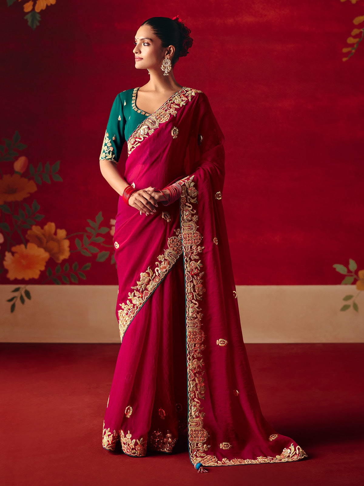 Magenta Pink Tissue Silk Designer Saree