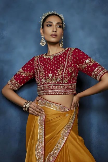 Mustard Yellow Tissue Silk Saree with Designer Readymade Blouse