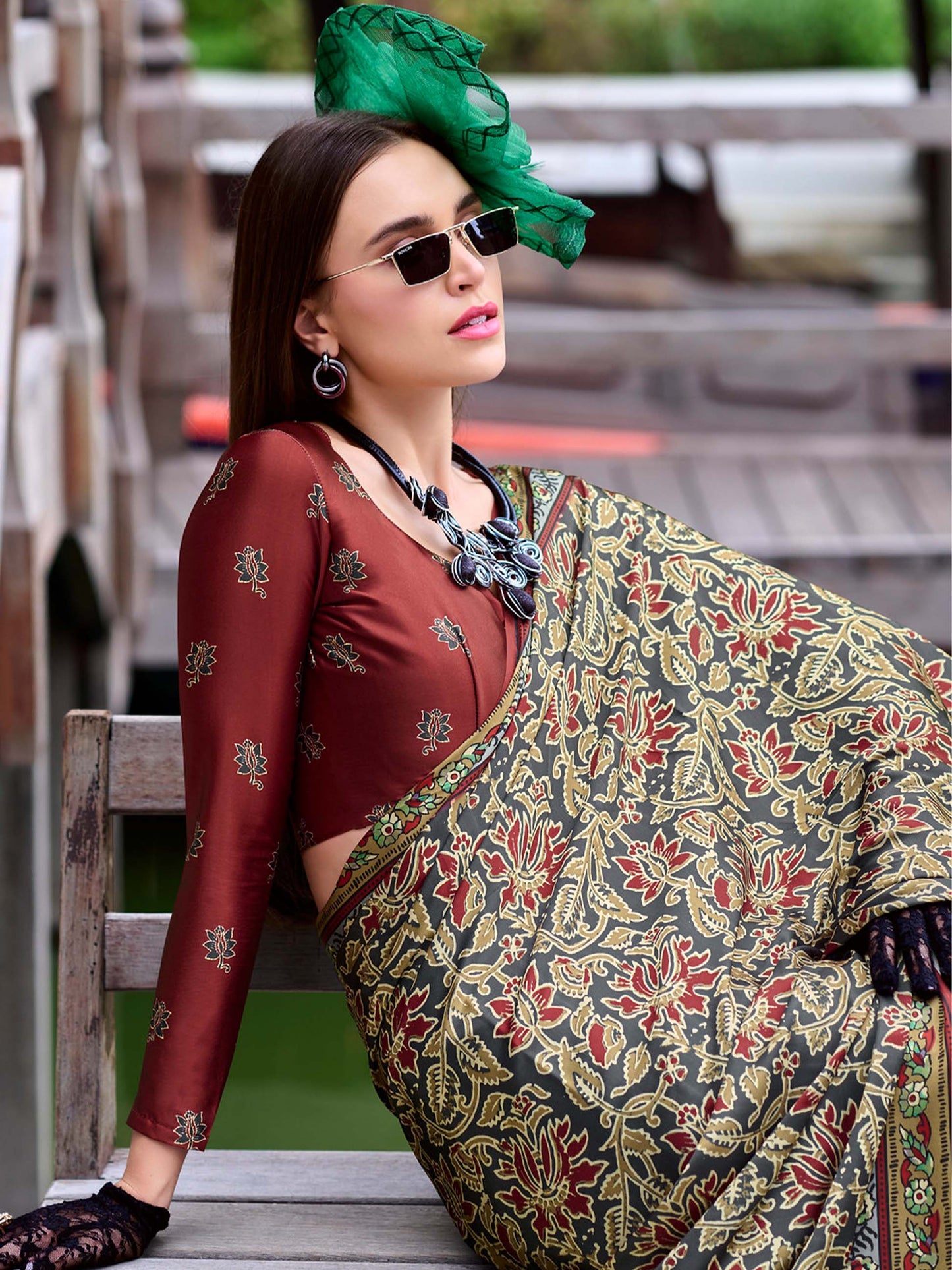 Grey Green Satin Crepe Digital Printed Saree