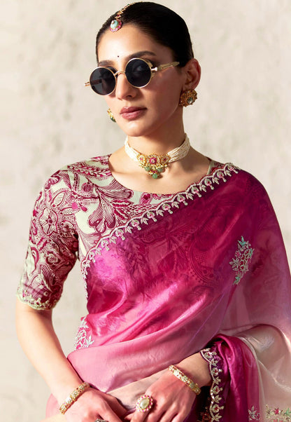 Pink & Cream Hue Soft Tissue Silk Designer Saree