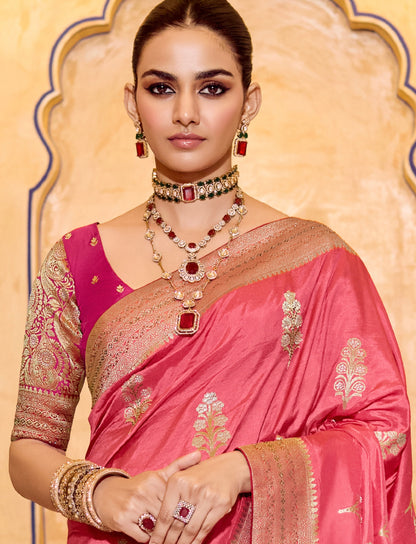 Peach Crepe Silk Soft Saree With Contrast Blouse
