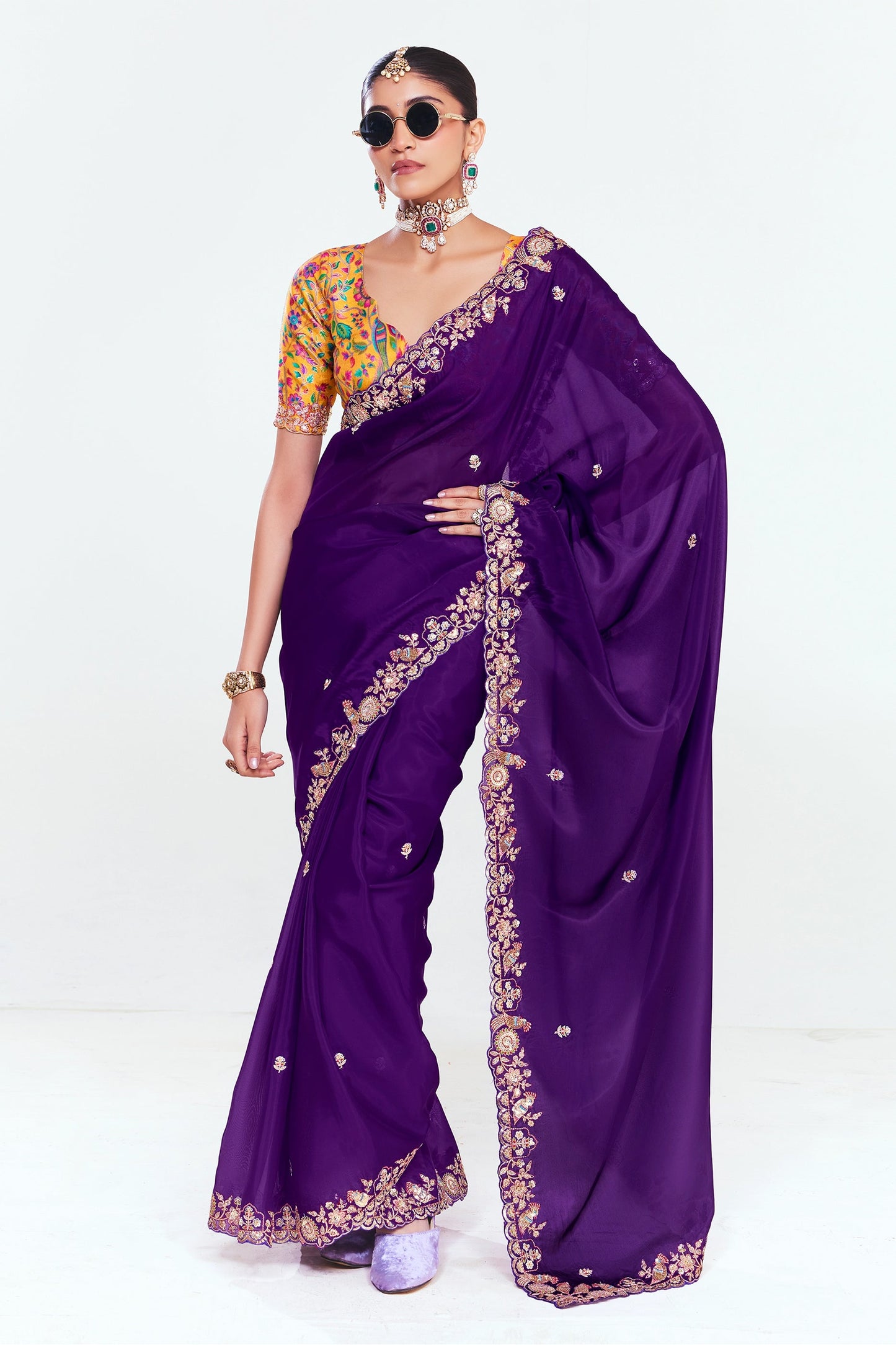 Purple Tissue Organza Silk Partywear Saree