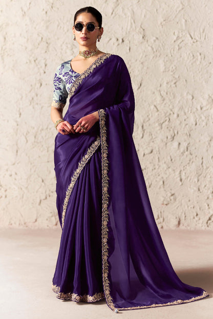 Purple Organza Tissue Silk Designer Saree (Unstitched blouse)