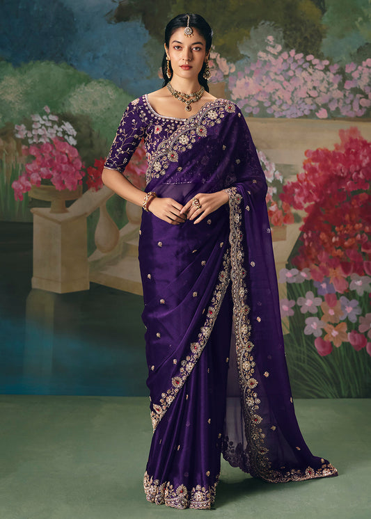 Deep Purple Soft Tissue Silk Heavy Blouse Designer Saree