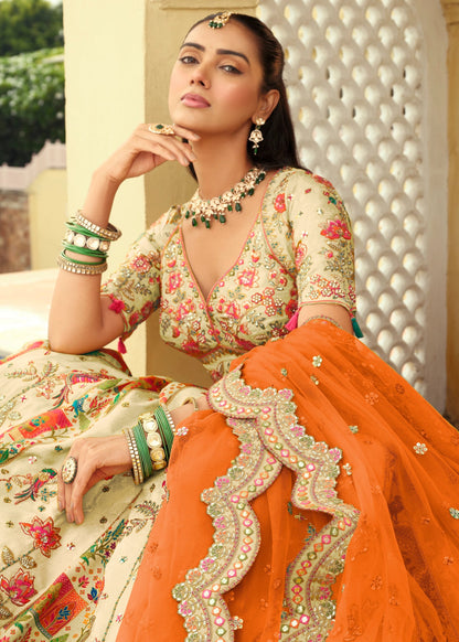 Off White & Orange Silk Designer Lehenga with Readymade Blouse
