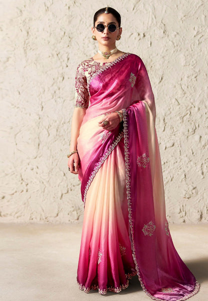 Pink & Cream Hue Soft Tissue Silk Designer Saree