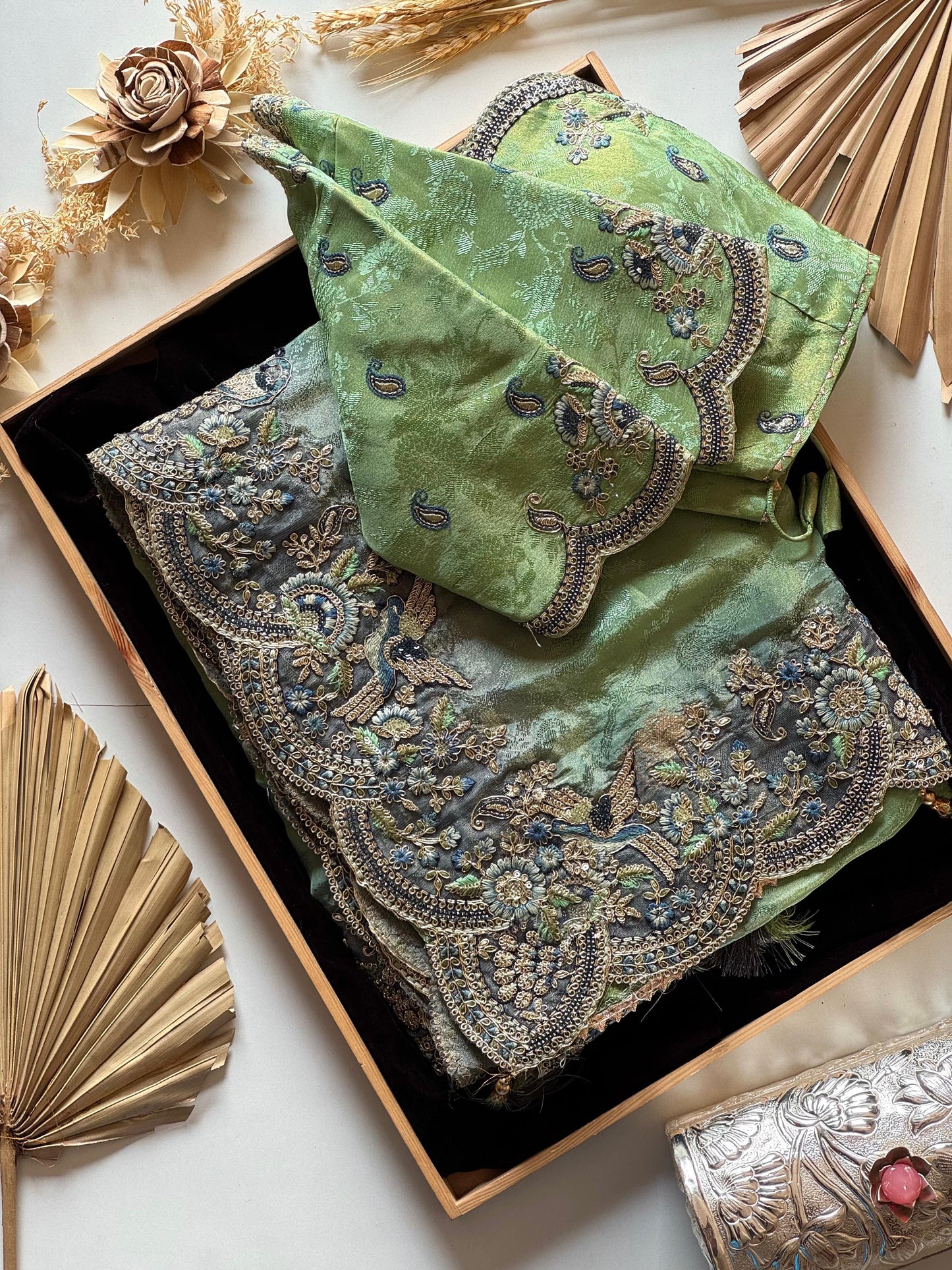 Leaf Green With Teal Blue Embroidered Border Zari Viscose Tissue Saree With Dusty Green Blouse