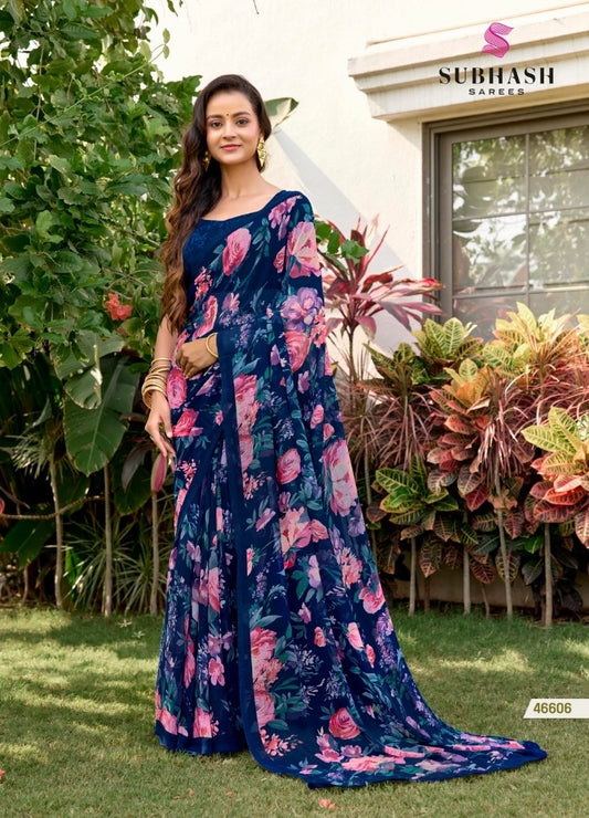 Subhash Brand Blue Floral Printed Saree