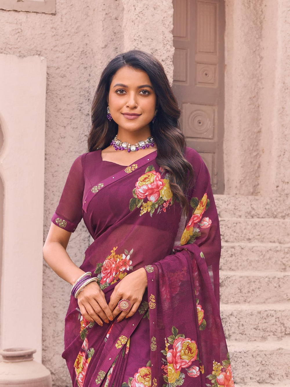 Laxmipati Namrata Wine Georgette Floral Printed Saree