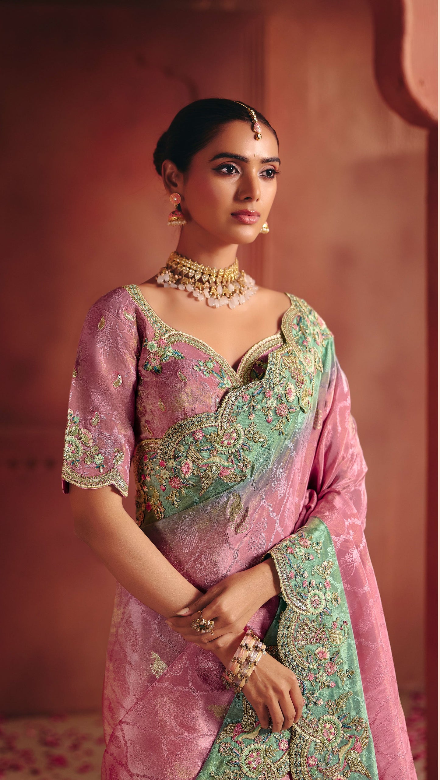 Dusty Rose Pink With Mint Green Border Zari Viscose Tissue Saree With Dusty Rose Blouse