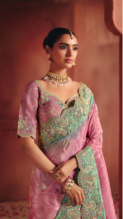 Dusty Rose Pink With Mint Green Border Zari Viscose Tissue Saree With Dusty Rose Blouse