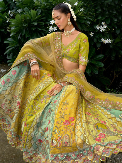 Mustard Yellow & Sage Green Embroidered Silk Designer Lehenga