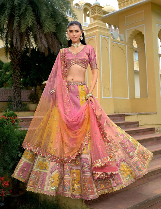 Pink & Peach Embroidered Silk Designer Lehenga