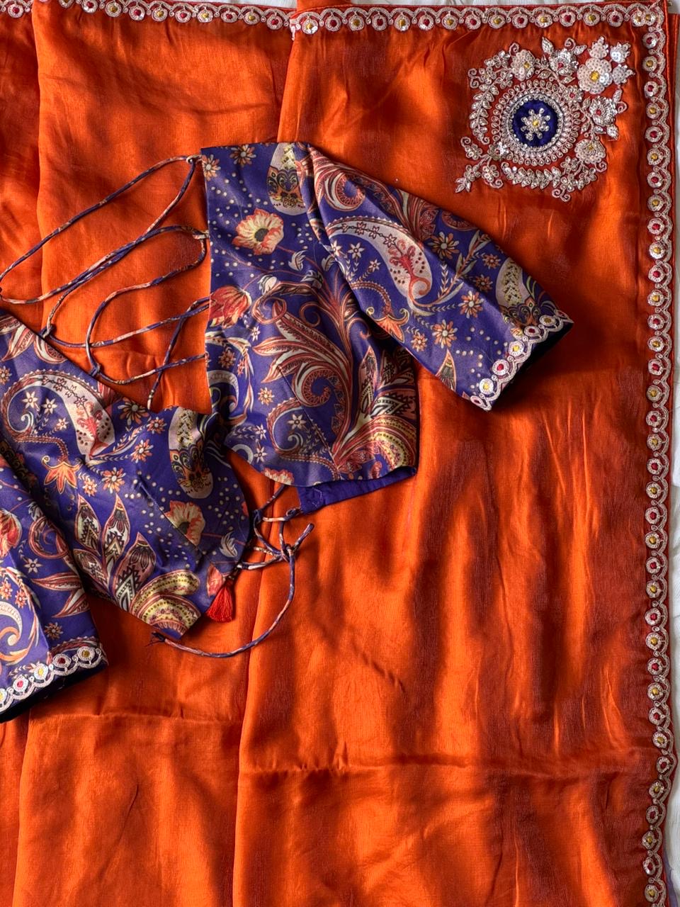 Dusty Orange Organza Tissue Silk Designer Saree