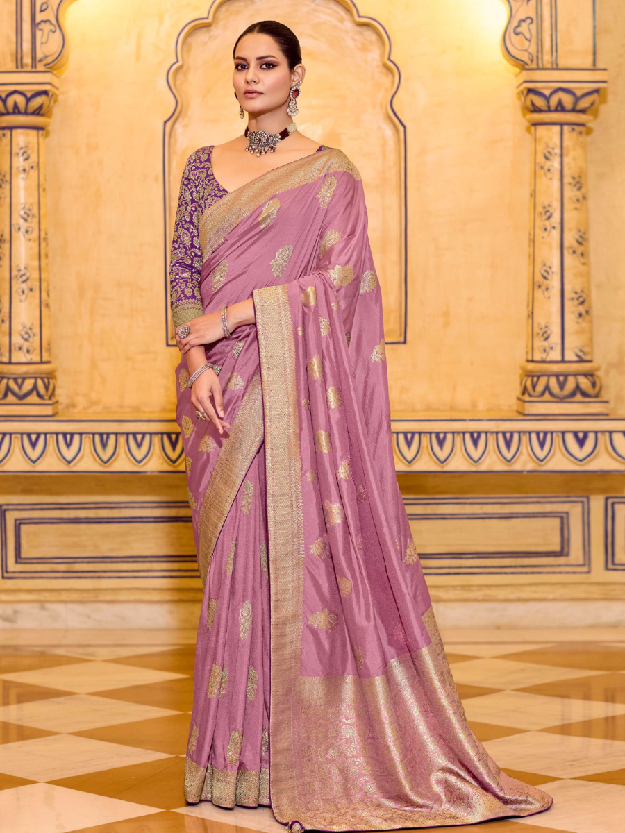 Lavender Crepe Silk Soft Saree With Contrast Blouse