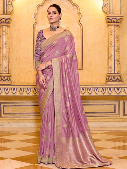 Lavender Crepe Silk Soft Saree With Contrast Blouse