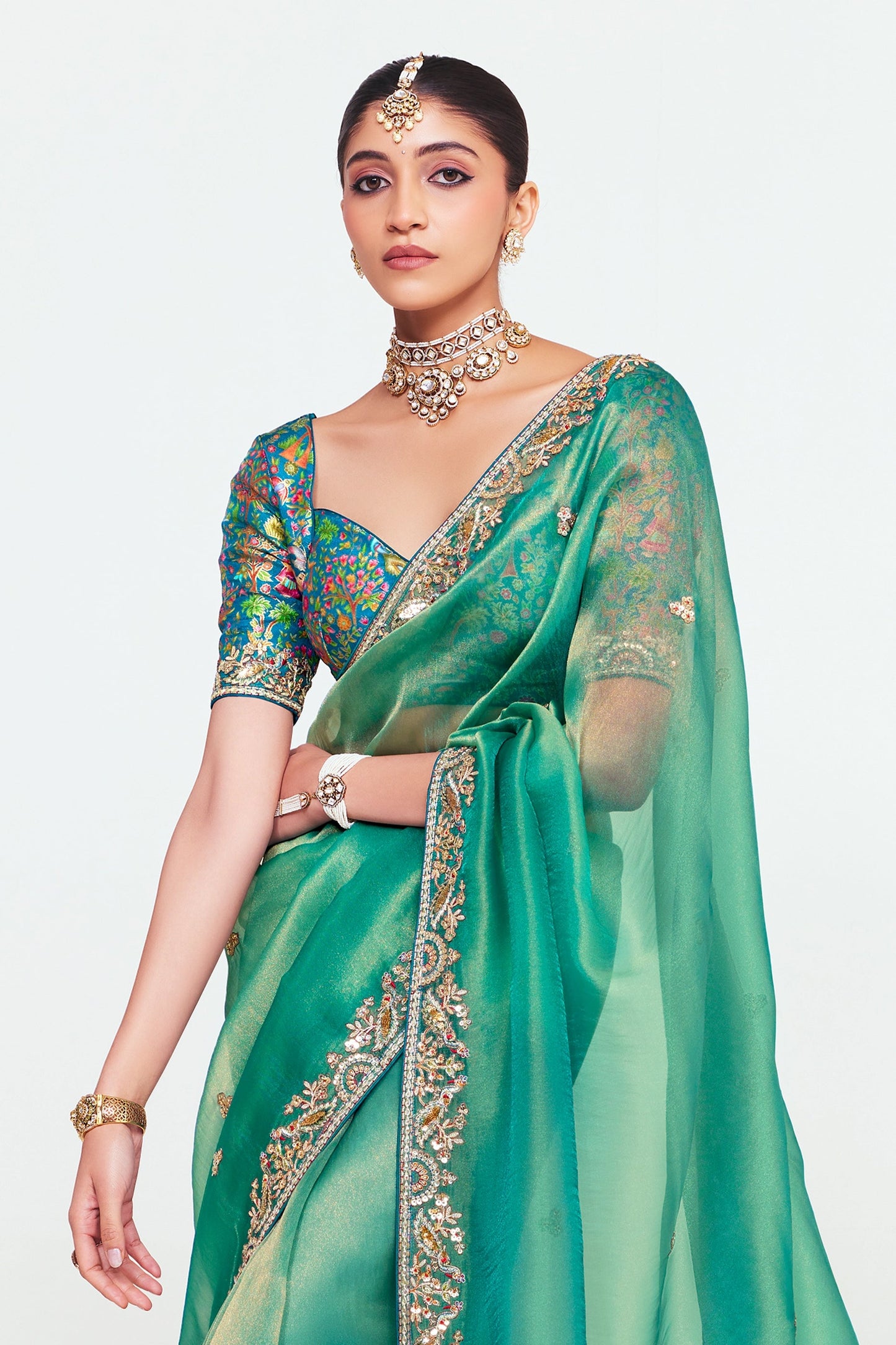 Sea Green Tissue Organza Silk Partywear Saree