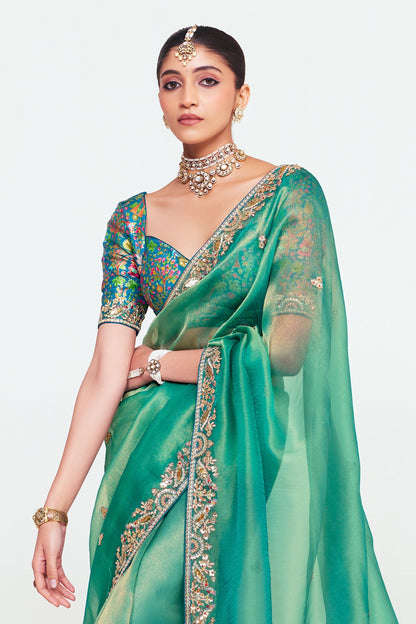 Sea Green Tissue Organza Silk Partywear Saree