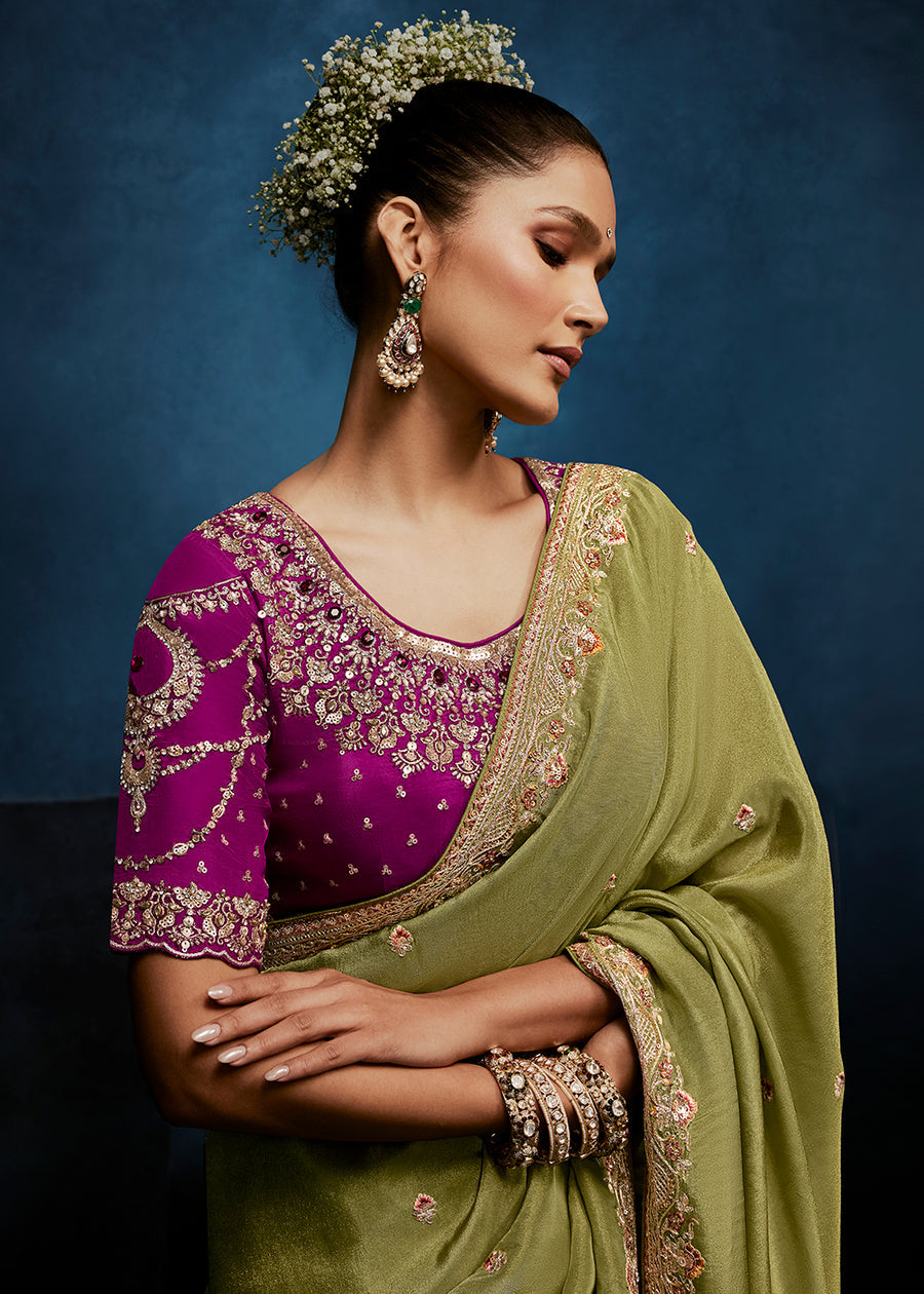 Sage Green Soft Tissue Silk Designer Saree with Readymade Blouse