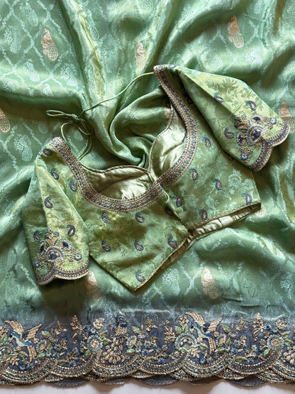 Leaf Green With Teal Blue Embroidered Border Zari Viscose Tissue Saree With Dusty Green Blouse