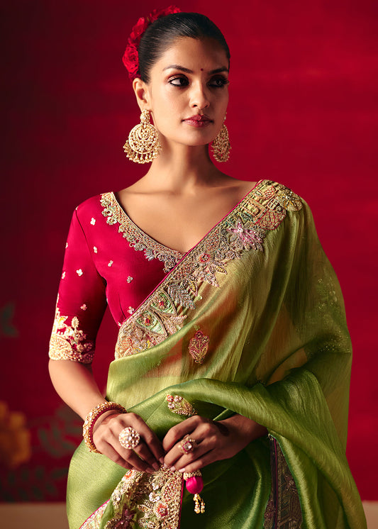 Olive Green Partywear Organza Tissue Silk Saree