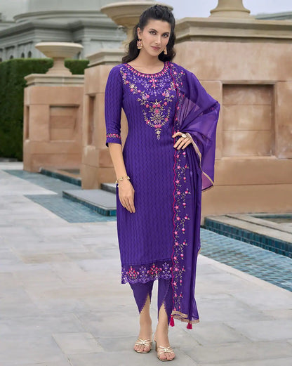 Purple Viscose Silk Embroidery Suit Set