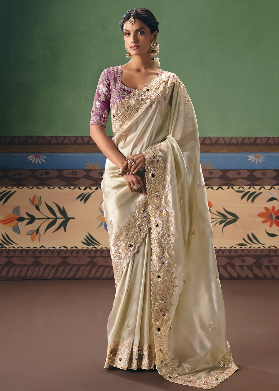 Cream Soft Tissue Silk Heavy Work Designer Saree