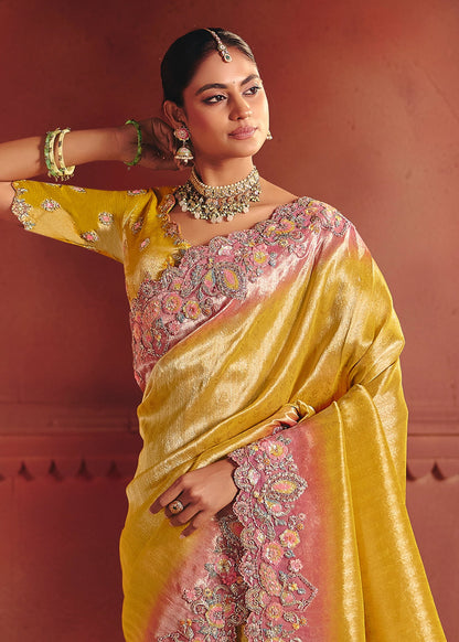 Mustard Yellow Heavy Border Gloss Silk Saree