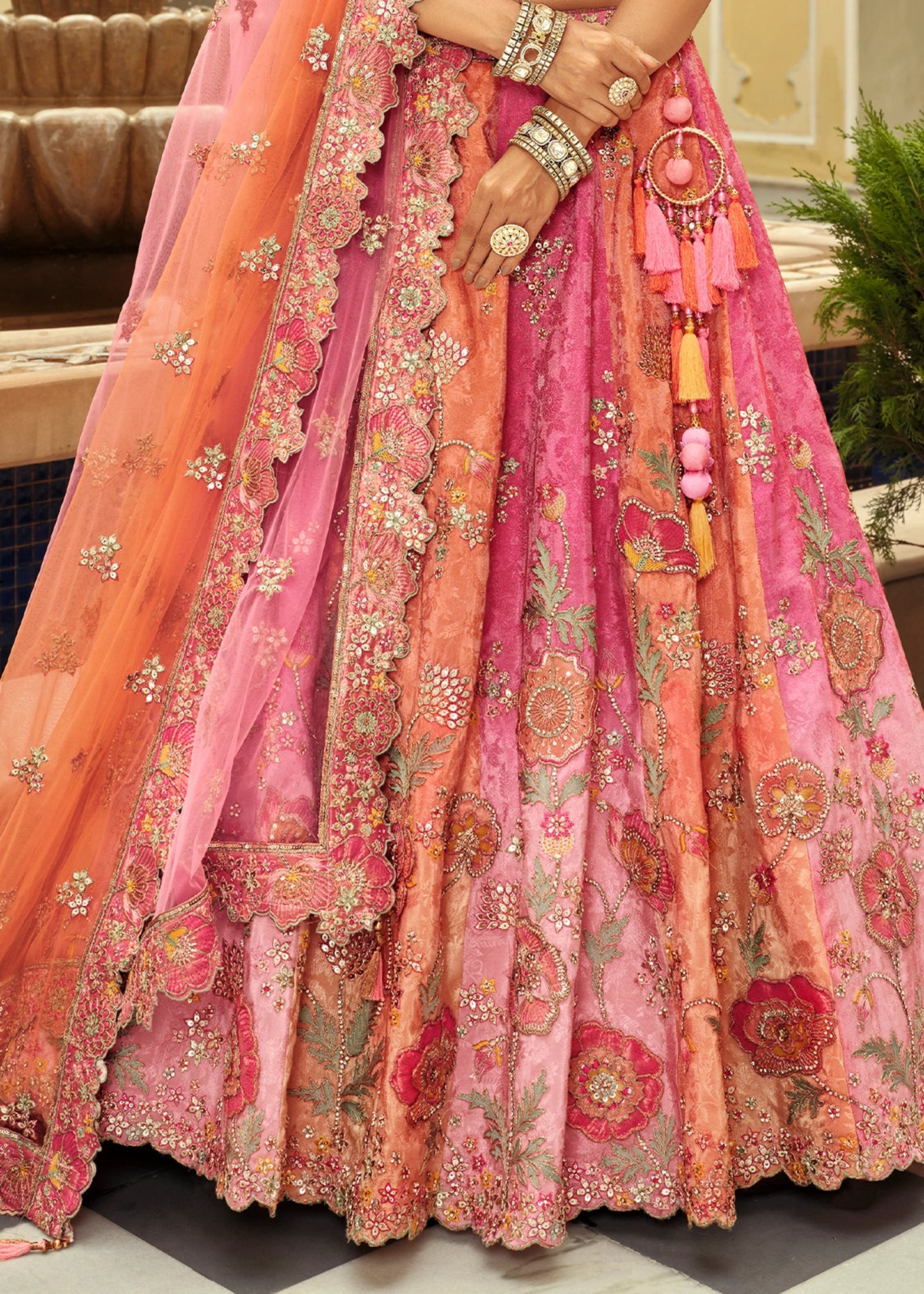 Pink & Orange Silk Embroidered Designer Lehenga with Readymade Blouse