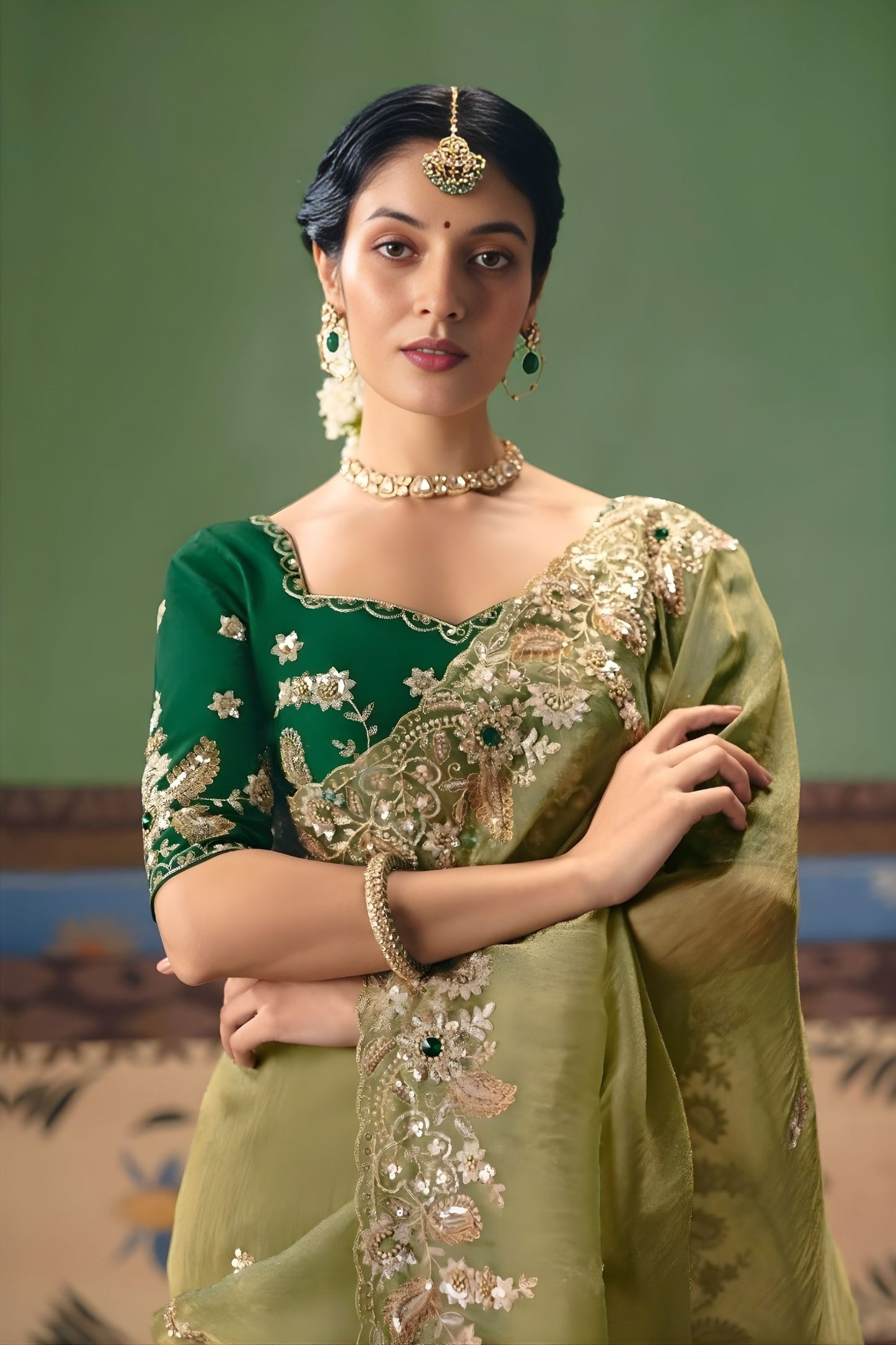 Olive Green Soft Tissue Silk Designer Saree