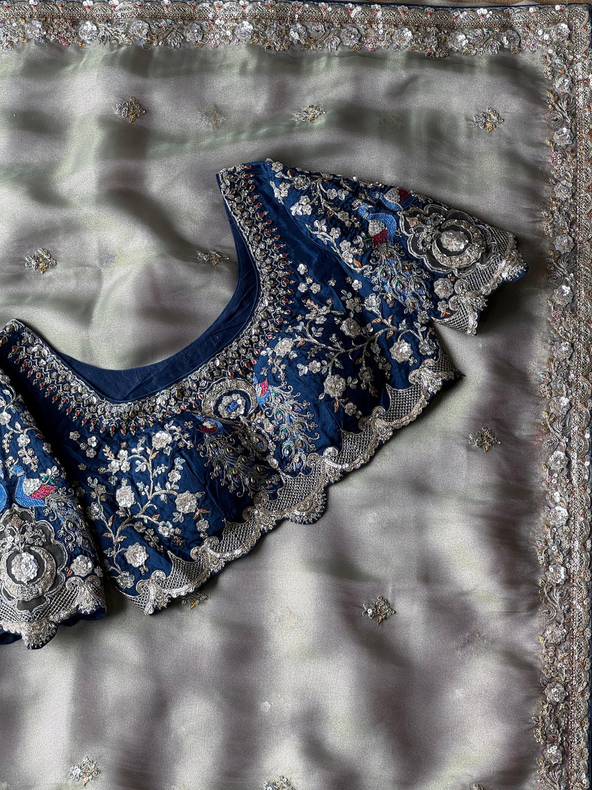 Ash Grey Organza Tissue Silk Designer Saree with Readymade Blouse